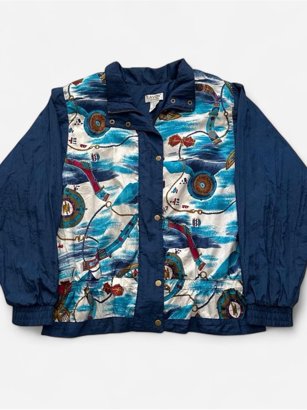 Vintage 1990s Navy & Teal Patterned boating style windbreaker Jacket L
